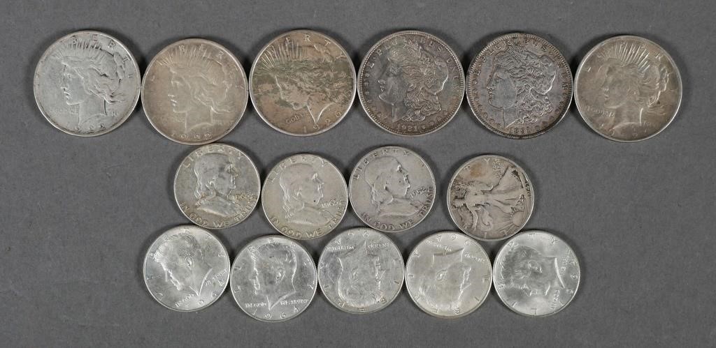 Appraisal: Nine half dollars two Morgan dollars and four Peace dollars