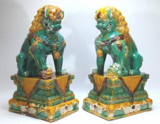 Appraisal: PR LARGE Chinese Sancai Glaze Porcelain Foo Dogs CHINA TH