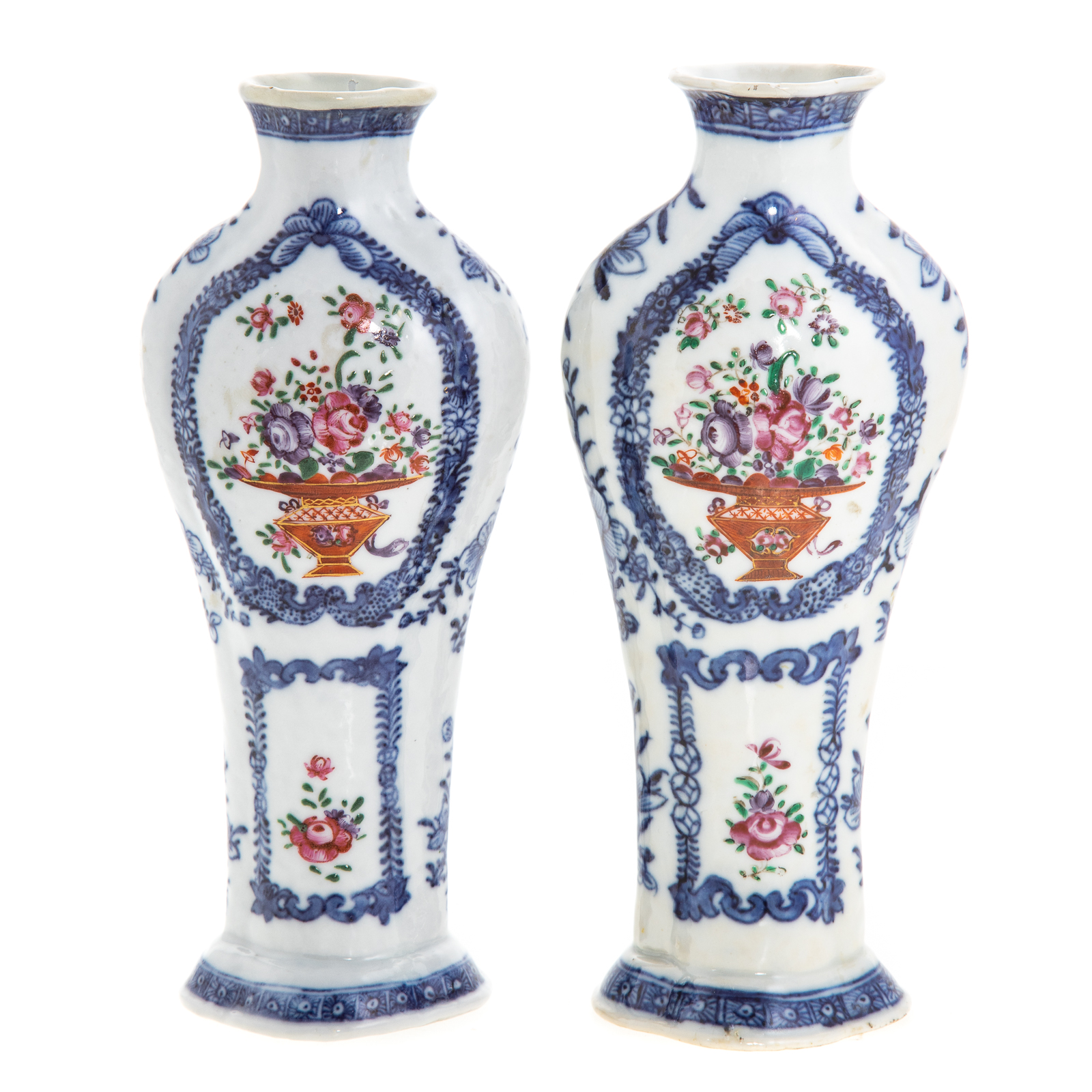 Appraisal: PAIR CHINESE EXPORT MINIATURE CABINET VASES Circa decoration of Famille