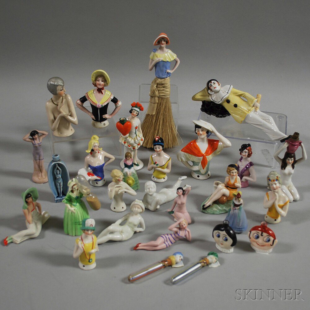 Appraisal: Group of Mostly German Porcelain Figural Brush Tops including two