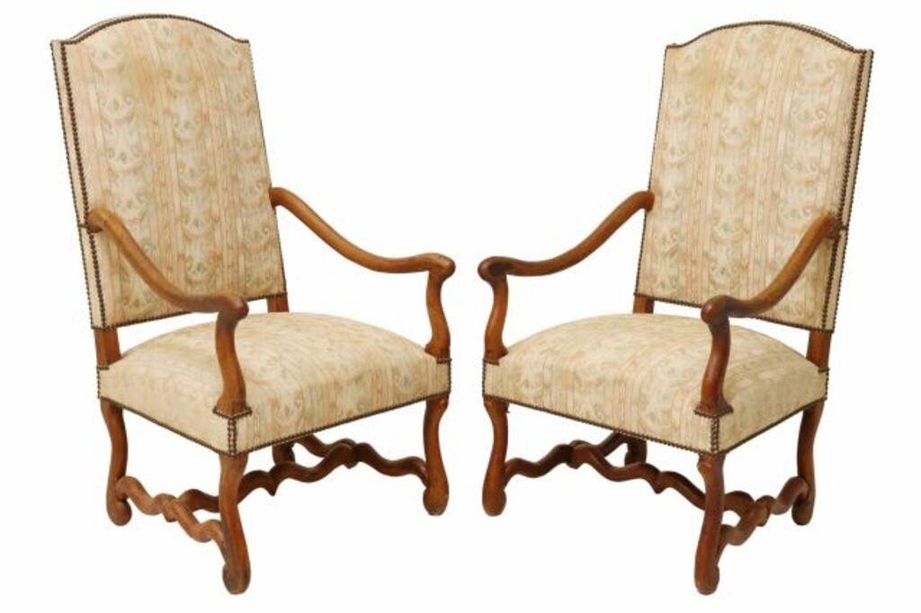 Appraisal: FRENCH LOUIS XIV STYLE OAK HIGHBACK FAUTEUILS pair French Louis