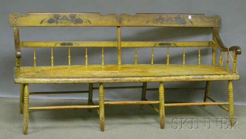 Appraisal: Yellow-painted and Decorated Wood Bench Pennsylvania lg in