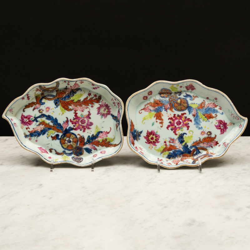 Appraisal: Pair of Chinese Export Porcelain 'Pseudo Tobacco Leaf' Shaped Dishes