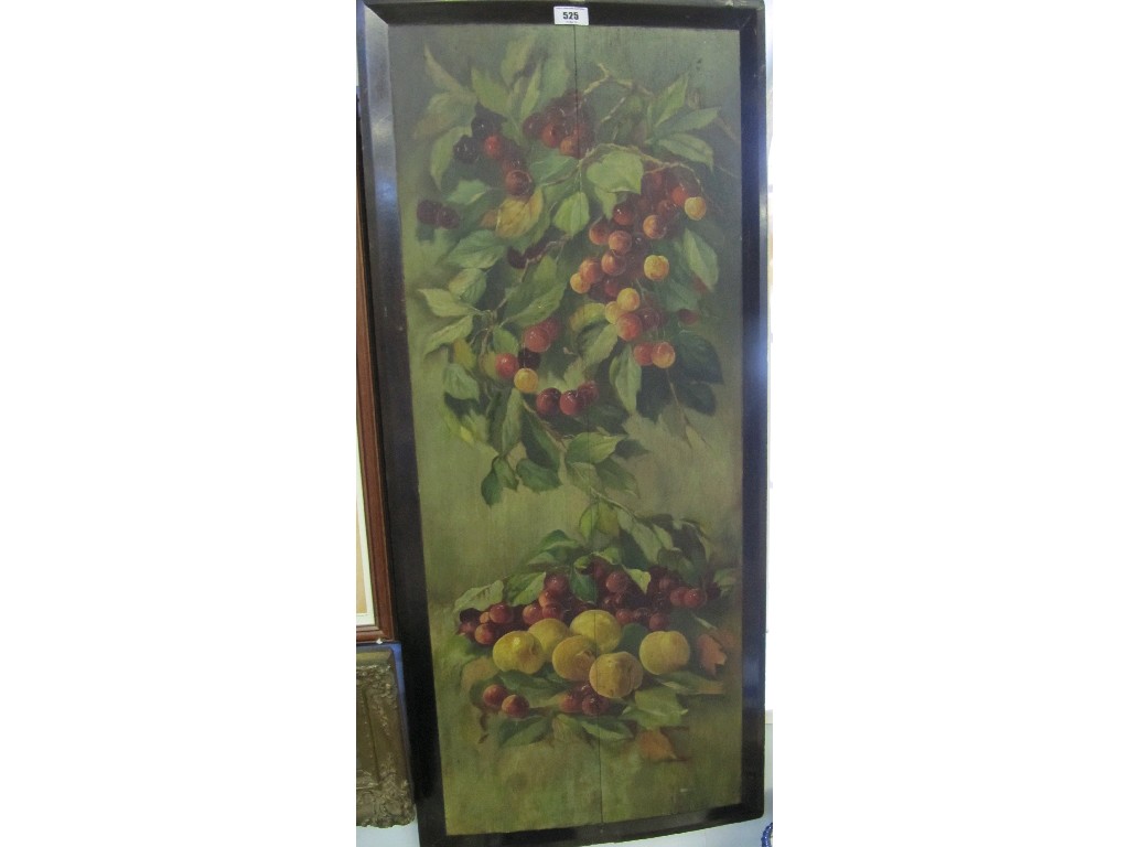 Appraisal: Large handpainted wooden panel depicting cherries fruit and foliage