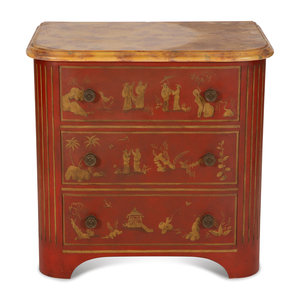 Appraisal: A Red and Gilt Chinoiserie Decorated Commode with Faux Marble