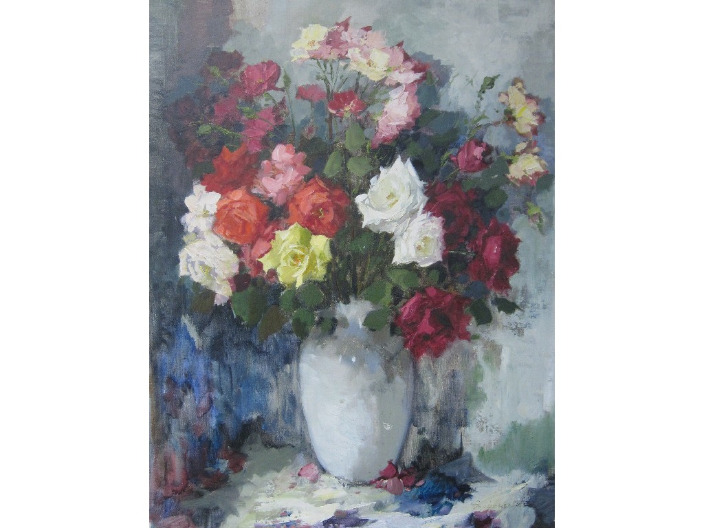 Appraisal: Oil on canvas 'Roses' indistinctly signed lower right x