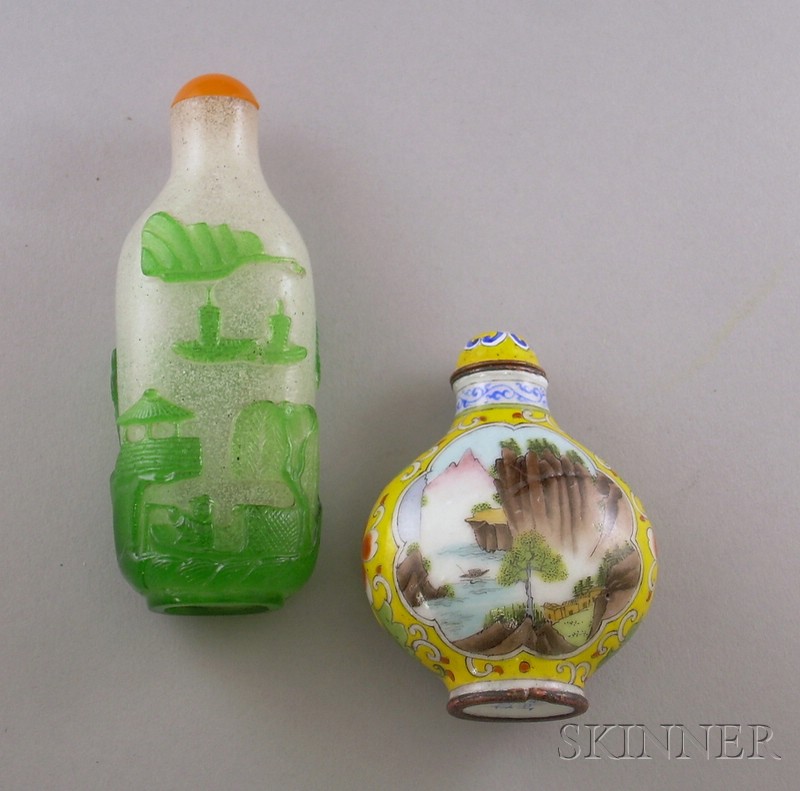 Appraisal: Two Snuff Bottles a tall carved green over white glass