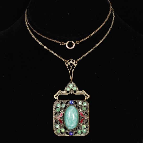 Appraisal: Austro Hungarian silver gilt enamel pendant necklace with Bohemian green