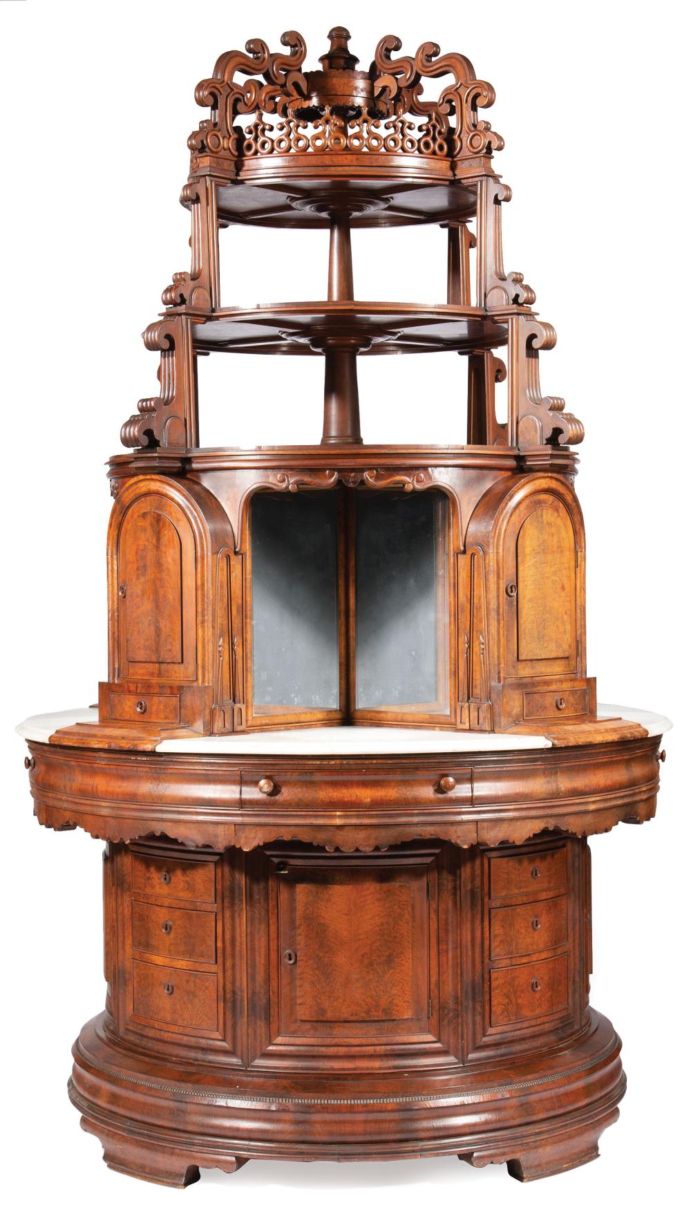 Appraisal: Rare Monumental American Aesthetic Carved Mahogany Columnar Exhibition Cabinet mid-