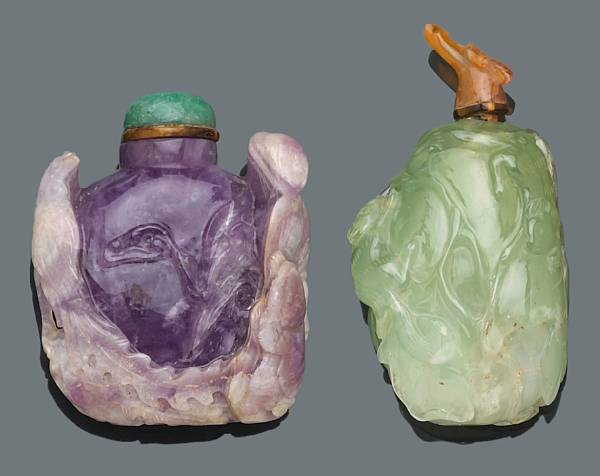 Appraisal: Three hardstone snuff bottles One of amethyst with phoenix beauty