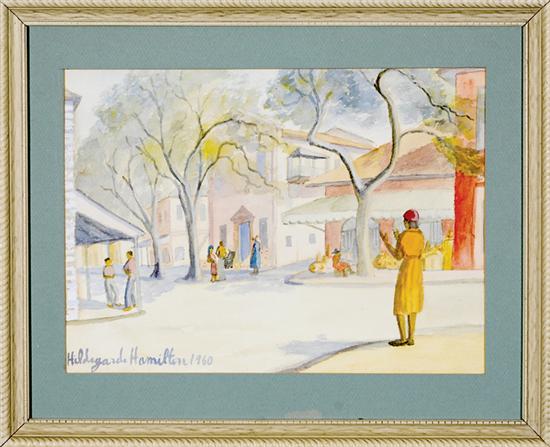 Appraisal: Hildegarde Hume Hamilton Florida Virginia - VILLAGE SQUARE watercolor on