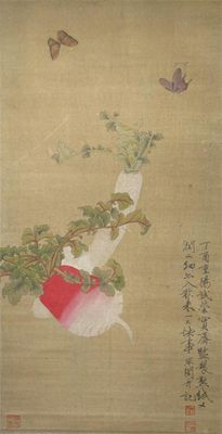 Appraisal: A Chinese scroll painting of radishes beneath butterflies inscribed 'Yufeiyan'