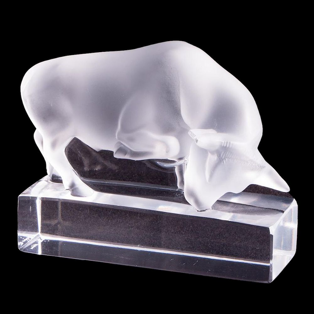 Appraisal: Lalique France crystal bull paperweight frosted and head down on