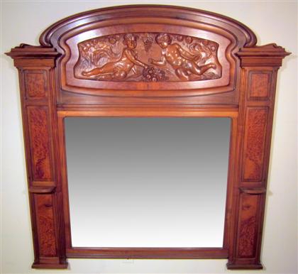 Appraisal: French art nouveau burl walnut and mahogany overmantel mirror early