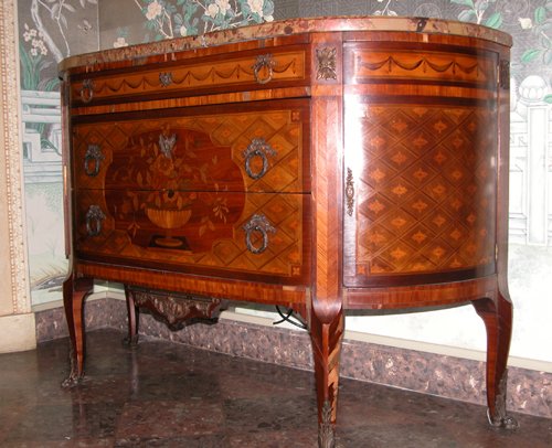 Appraisal: Title French Louis XV-style Marble-topped commode with marquetry inlay ormolu