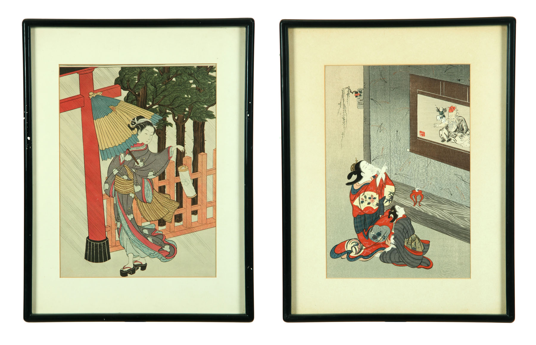 Appraisal: TWO WOODBLOCK PRINTS Japan th century Geisha with lantern and