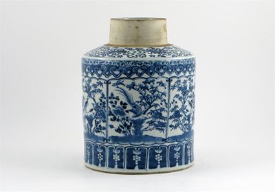 Appraisal: A Chinese blue and white cylindrical jar painted with panels