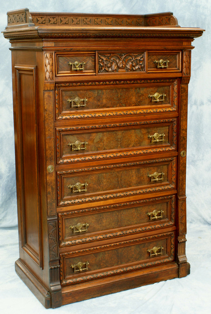 Appraisal: Carved walnut Eastlake Victorian sidelock chest with gallery excellent original