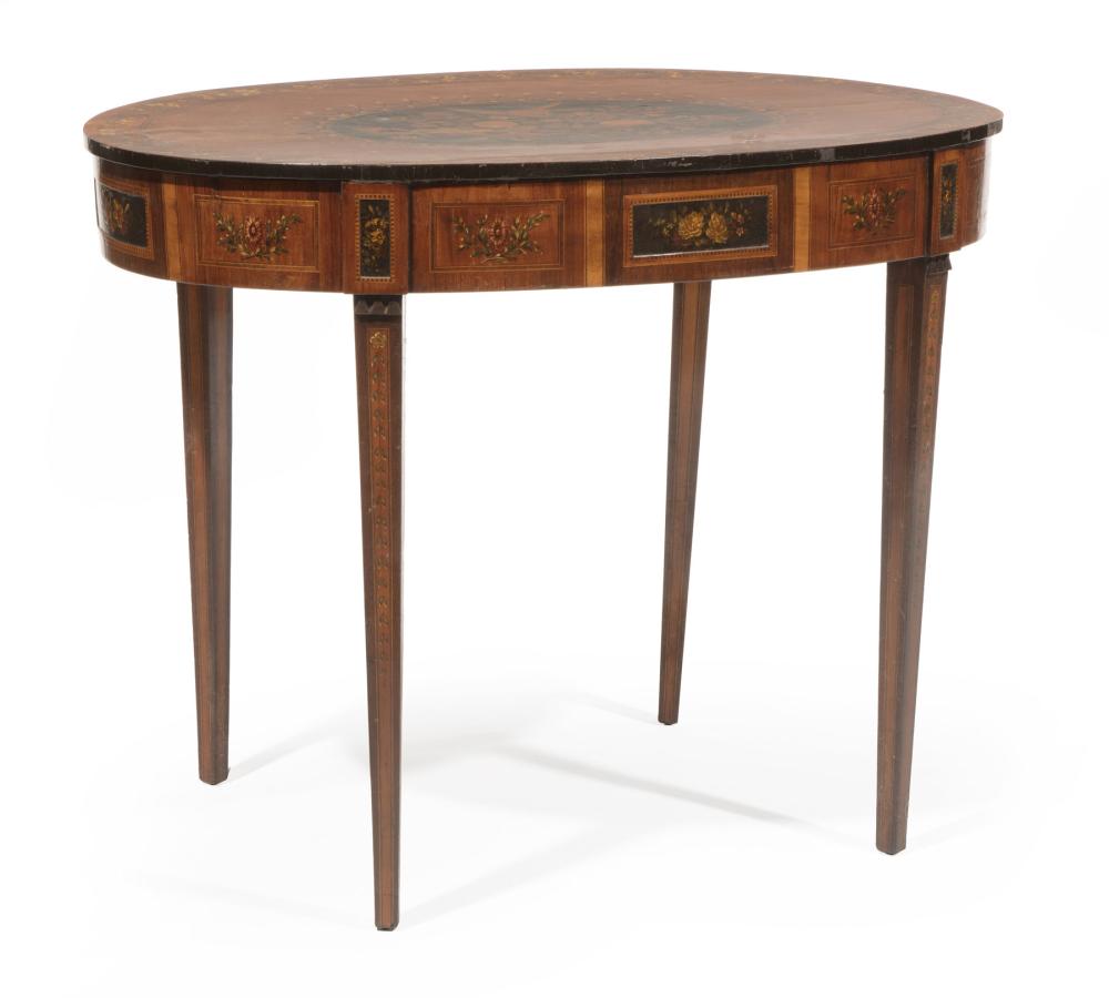 Appraisal: Antique Adam-Style Painted Satinwood Table oval top with floral motif