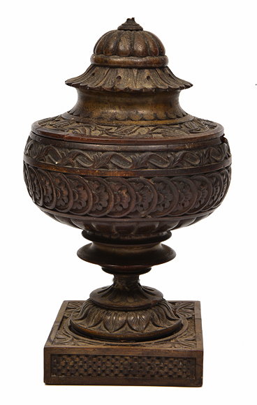 Appraisal: AN ANTIQUE TURNED TREEN LIDDED CHALICE with carved decoration a