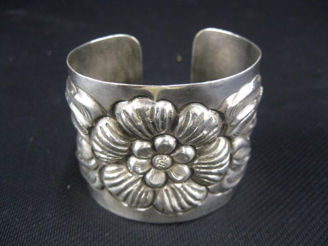 Appraisal: Sterling Silver Wide Cuff Bracelet fancy floral wide