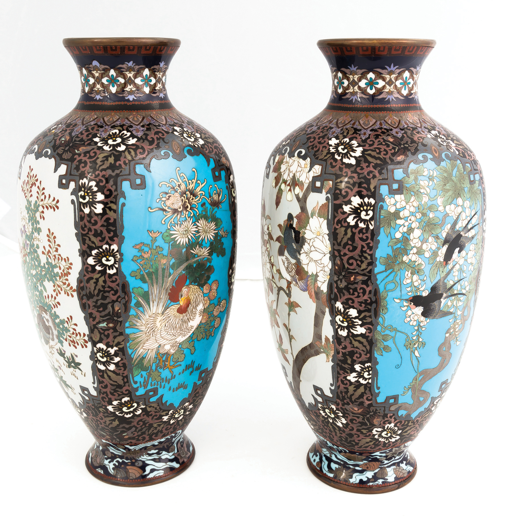 Appraisal: Fine Pair of Japanese Cloisonn Vases Meiji period With birds