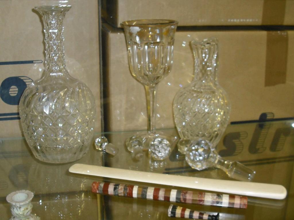 Appraisal: Cut glass decanter with repeated geometric decoration with matching jug