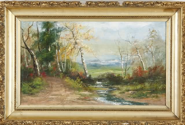 Appraisal: Landscape with road at left oil on canvas x SLR