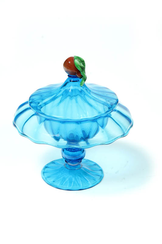 Appraisal: ART GLASS COMPOTE Midwest th century Blue with applied pear