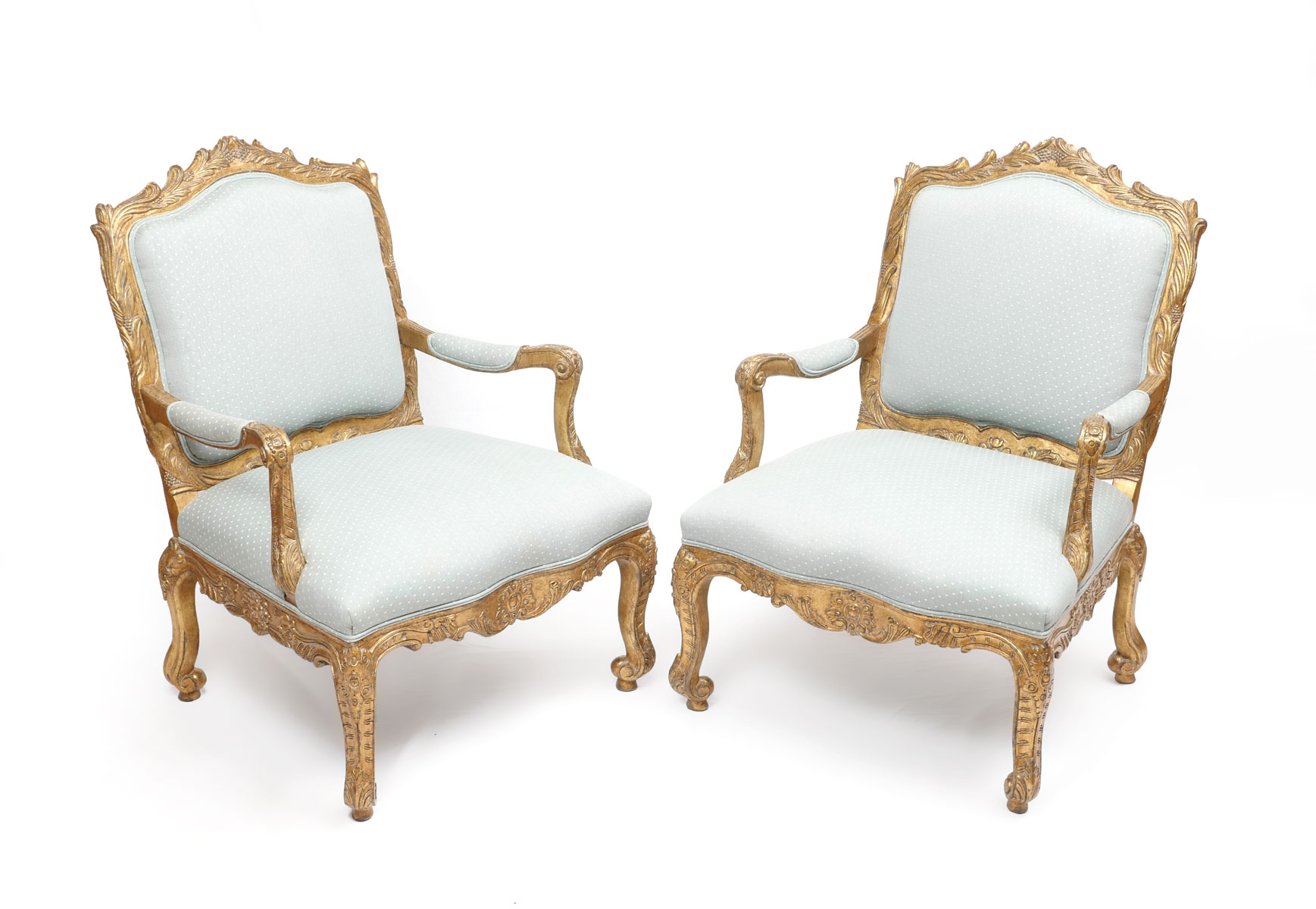 Appraisal: PAIR OF GOLD GILT FIRESIDE ARMCHAIRS Gilt armchairs having an