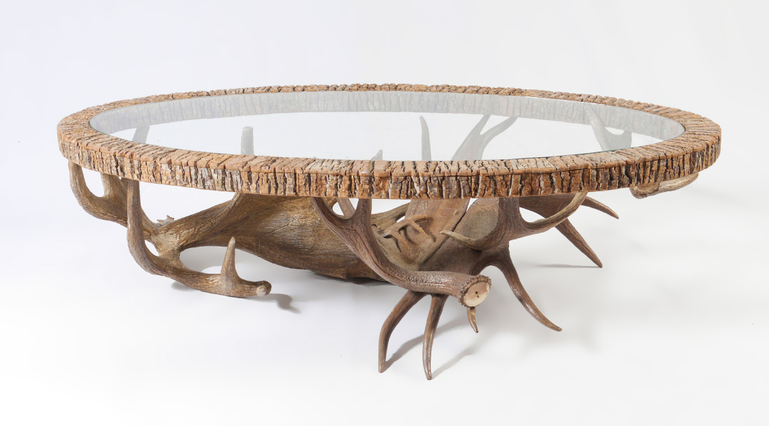 Appraisal: TIMPSON GALLERY MOOSE ANTLER COFFEE TABLE Moose antler base carved