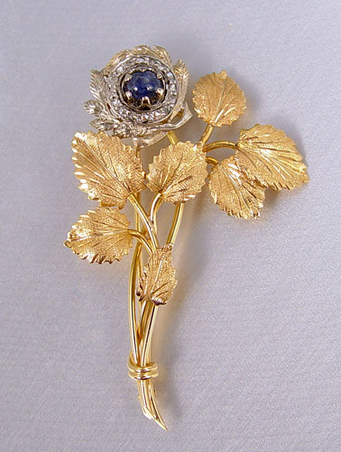 Appraisal: K DIAMOND AND SAPPHIRE ROSE BROOCH K yellow gold marked