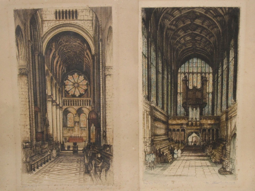 Appraisal: E SHARLAND Two unframed etchings of cathedral interiors both signed