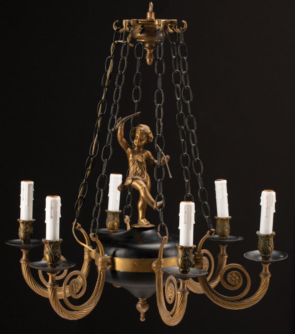 Appraisal: French Empire-Style Six-Light Figural Chandelier early th c centered by