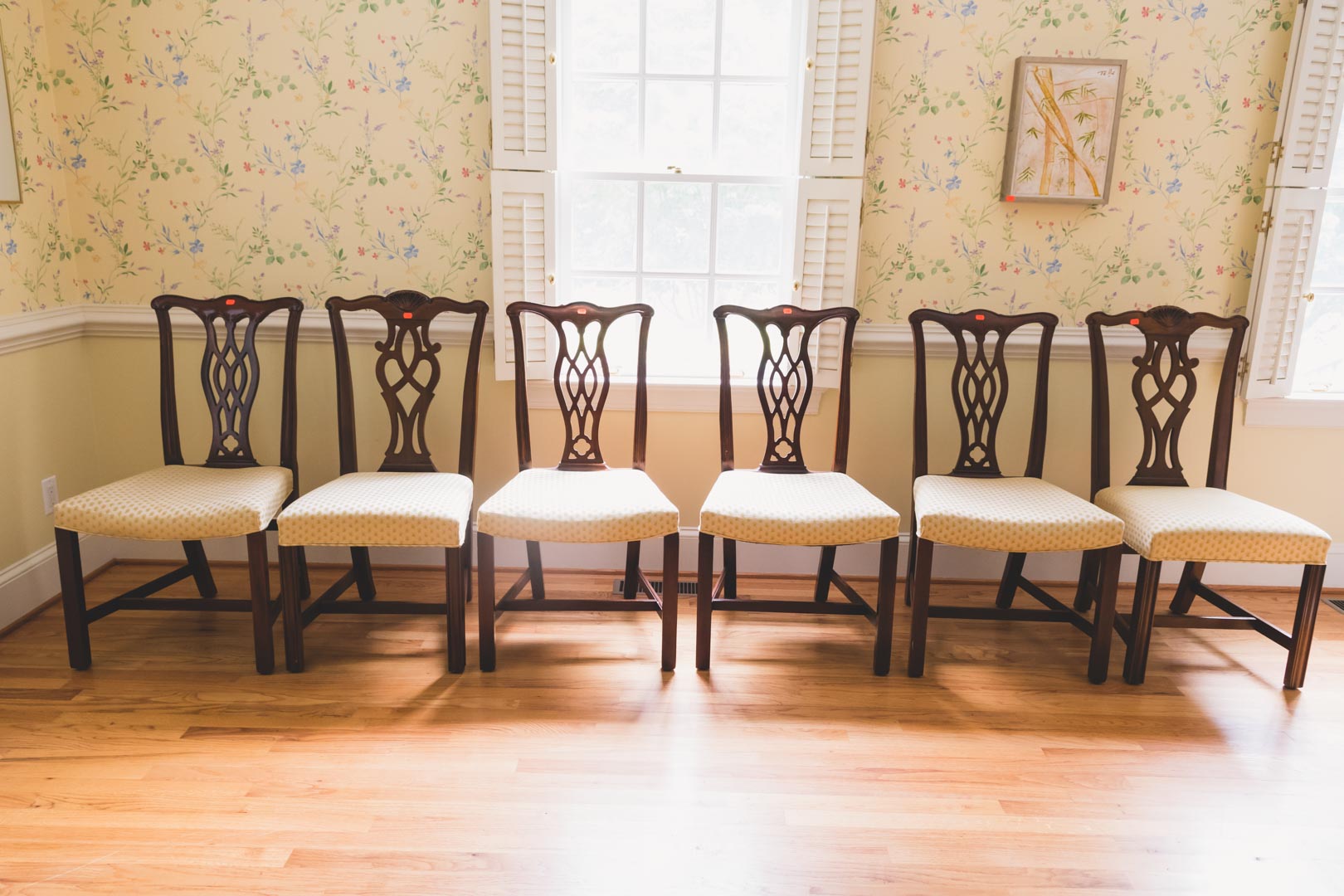 Appraisal: Chippendale style mahogany dining chairs with upholstered seat and pierced