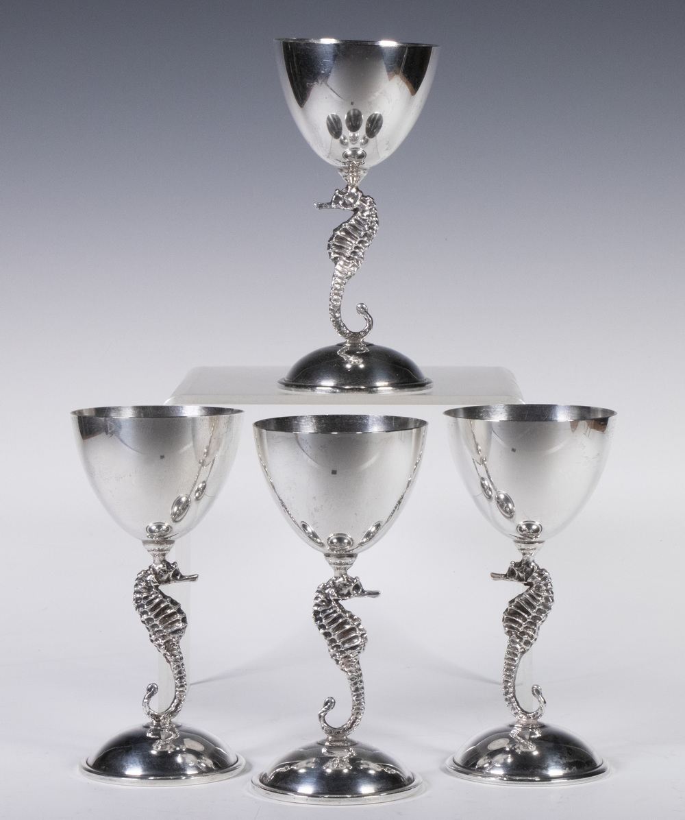 Appraisal: SILVER SEA HORSE WINE GOBLETS Set of Circa American Made