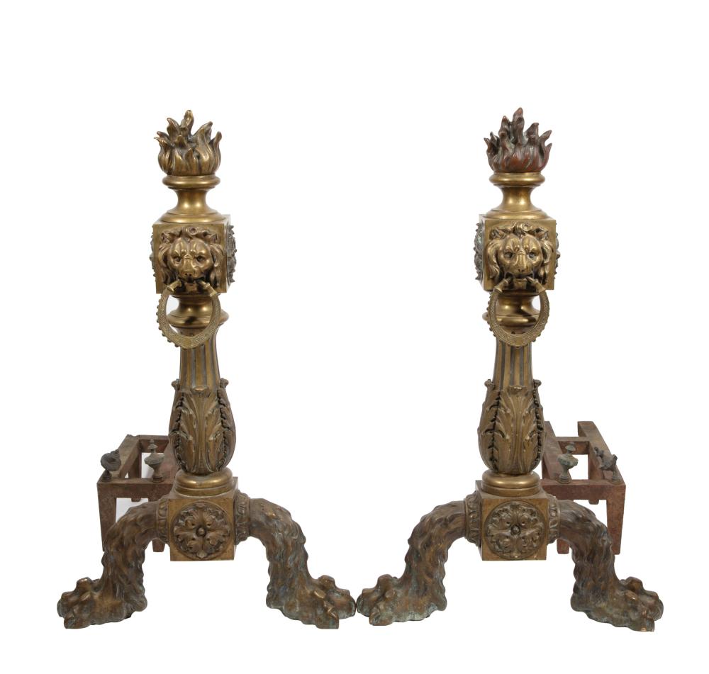 Appraisal: Pair of Monumental Antique Continental Bronze Andirons flame finial standard