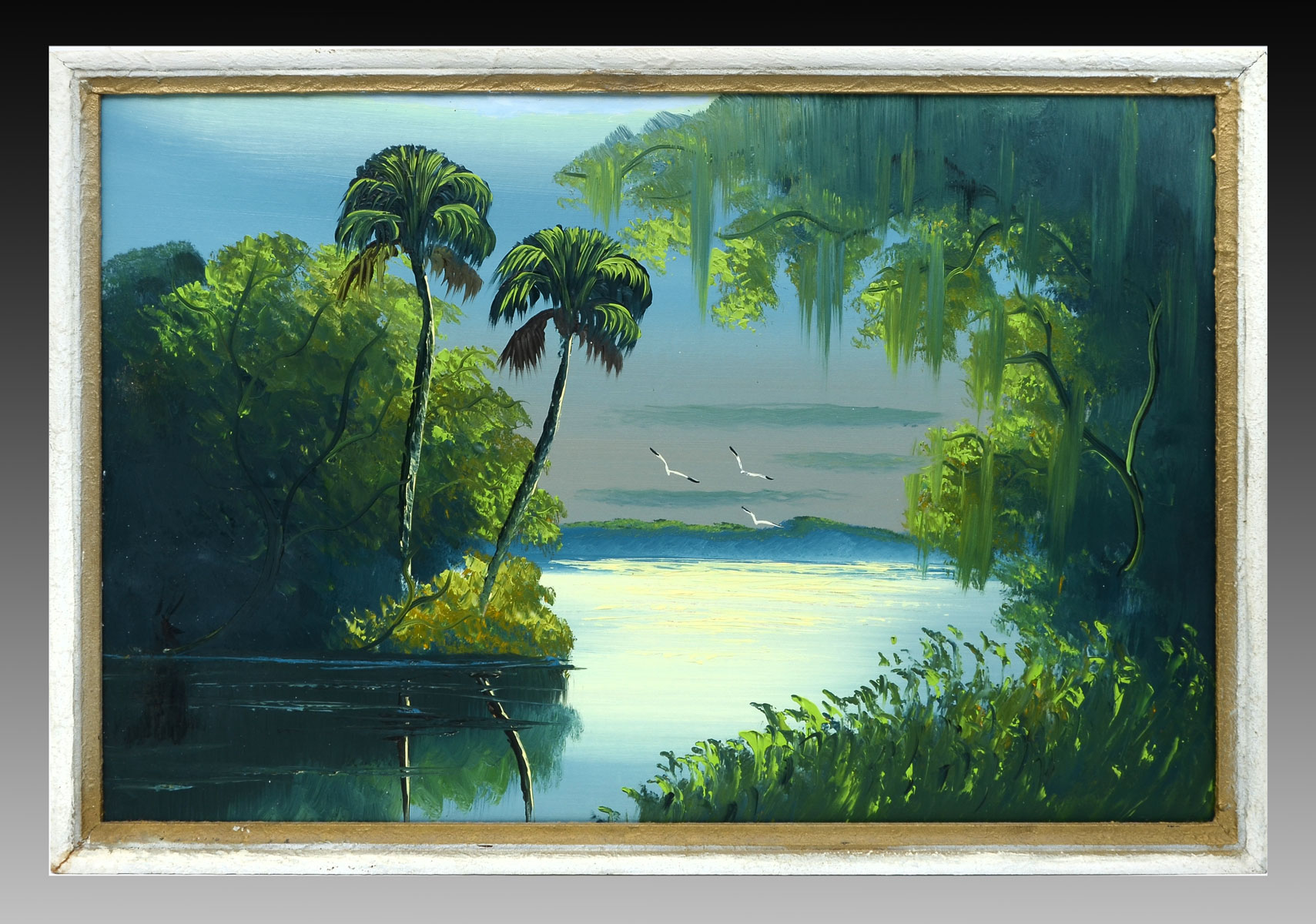 Appraisal: BLACK Al American Lagoon Scene with Three Birds in Flight