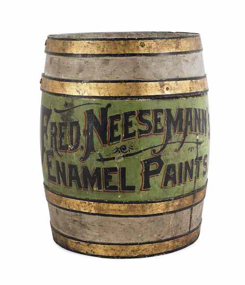 Appraisal: Country store painted advertising barrel th c inscribed Fred Neesemann's