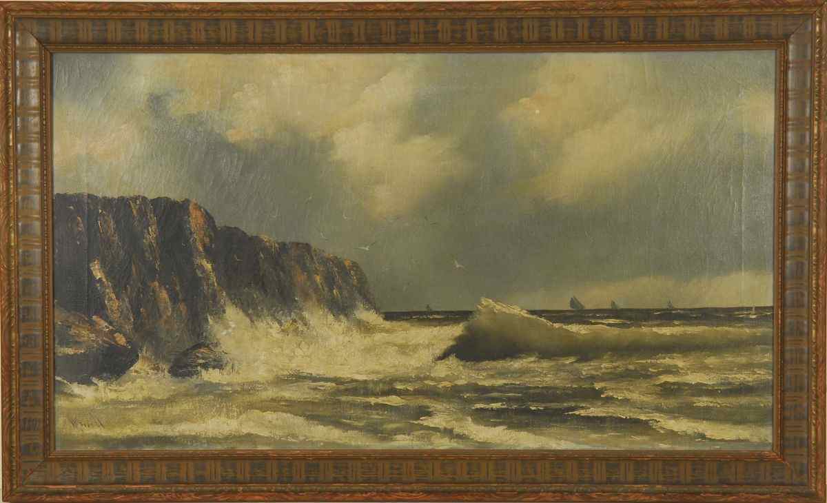 Appraisal: AMERICAN SCHOOLEarly th CenturyRocky coastal scene with waves and shipping