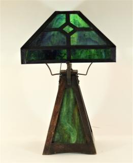 Appraisal: American Arts Crafts Mission Oak Slag Glass Lamp UNITED STATES