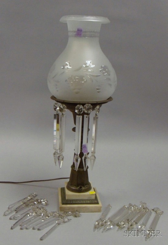 Appraisal: Brass and Marble Astral Lamp with Frosted Cut Glass Shade