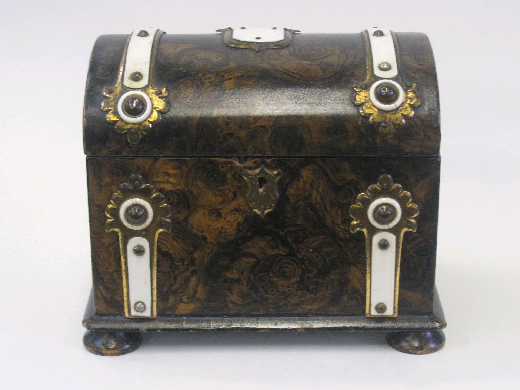 Appraisal: Wooden tea caddy with burr effect decoration and brass and