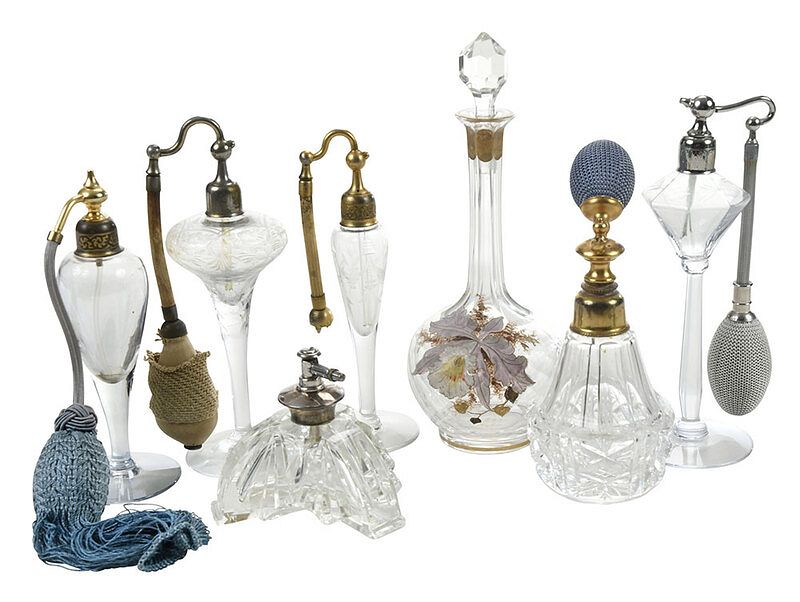 Appraisal: Cut Glass Orchid Bottle and Seven Atomizers probably Continental early