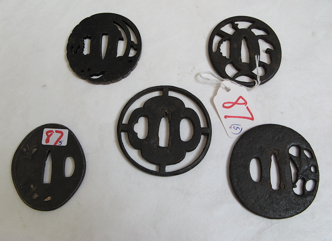 Appraisal: FIVE JAPANESE TSUBA SWORD GUARDS for daito and wakizashi of