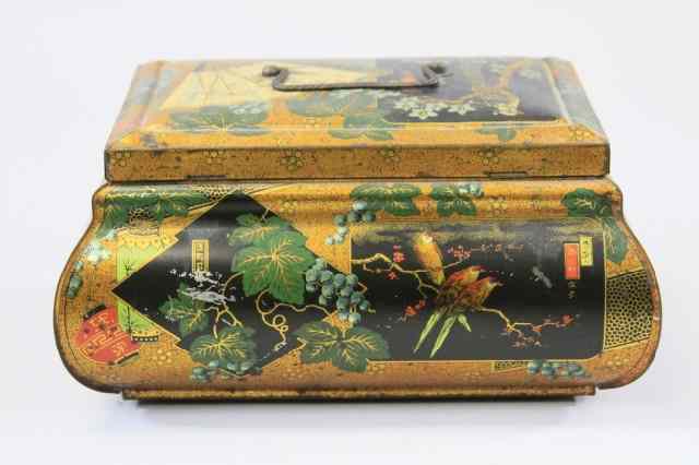 Appraisal: IVANHOE DAINTY SWEETS TIN England c Lithographed tinplate Bombay casket