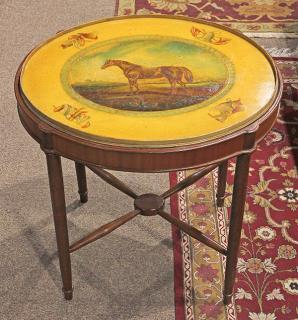 Appraisal: English hand painted oval tray on stand English hand painted