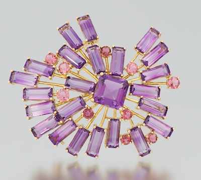 Appraisal: A Glamorous Mid-Century Amethyst and Tourmaline Pin k yellow gold