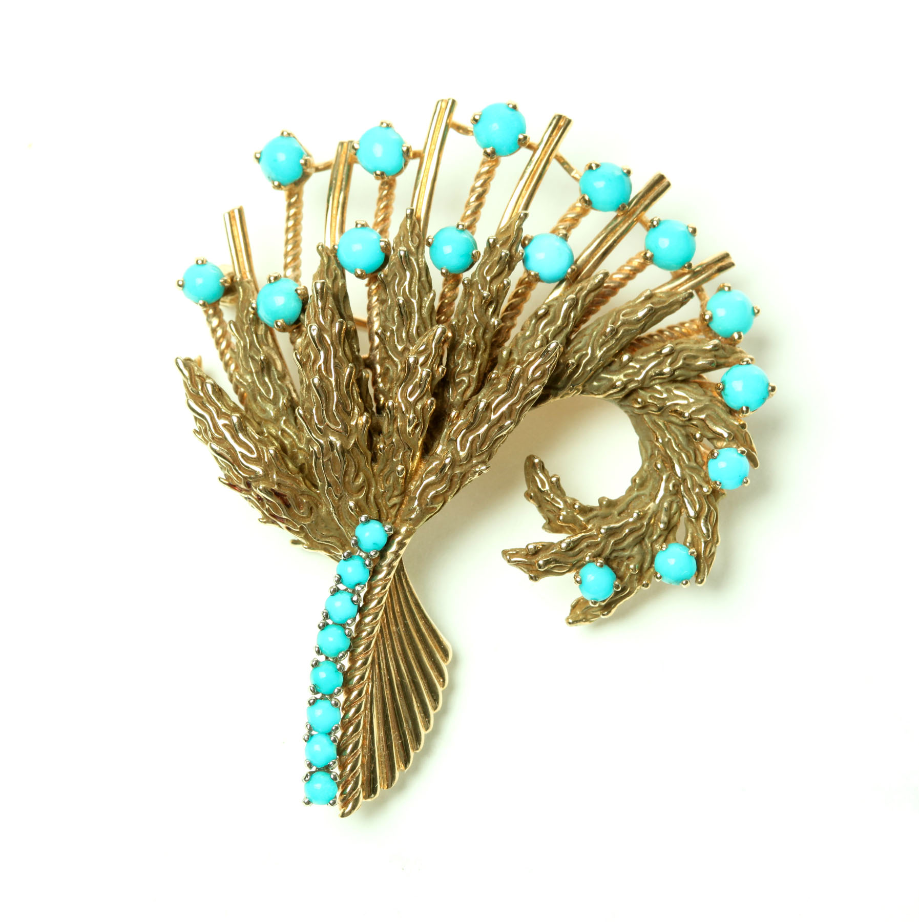 Appraisal: TURQUOISE BROOCH Twentieth century K gold spray set with twenty-three