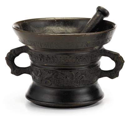 Appraisal: Early Dutch bronze two-handled mortar and pestle With cast relief